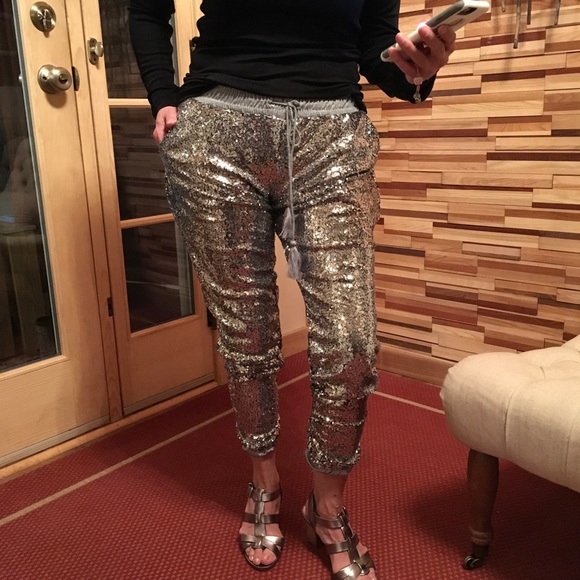 SALE. SILVER SEQUIN ANKLE JOGGERS 1 left - Picture 2 of 8